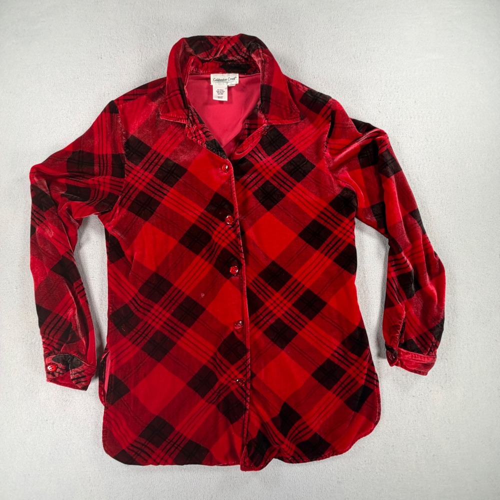 Coldwater Creek Womens Small Red Black Plaid Velvet Shirt Silk Rayon Button Up